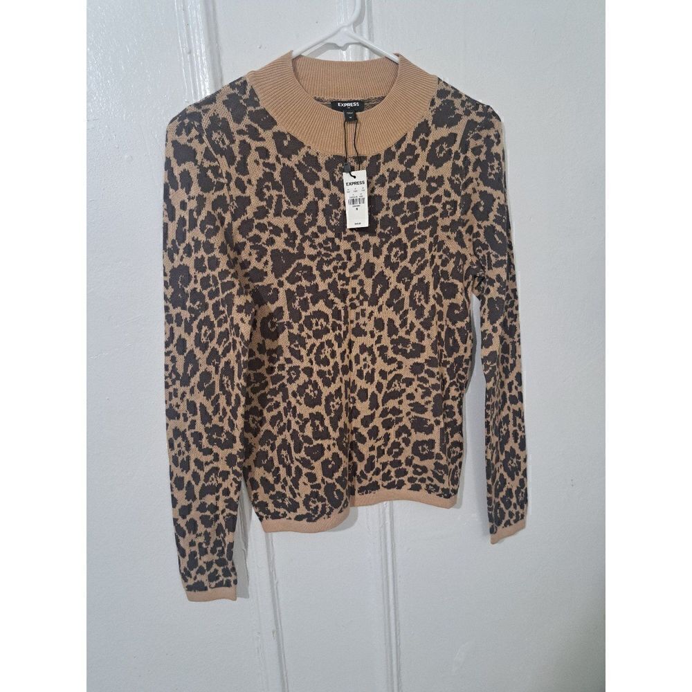 Express womens medium leopard print light sweater mock neck tan Spring Summer